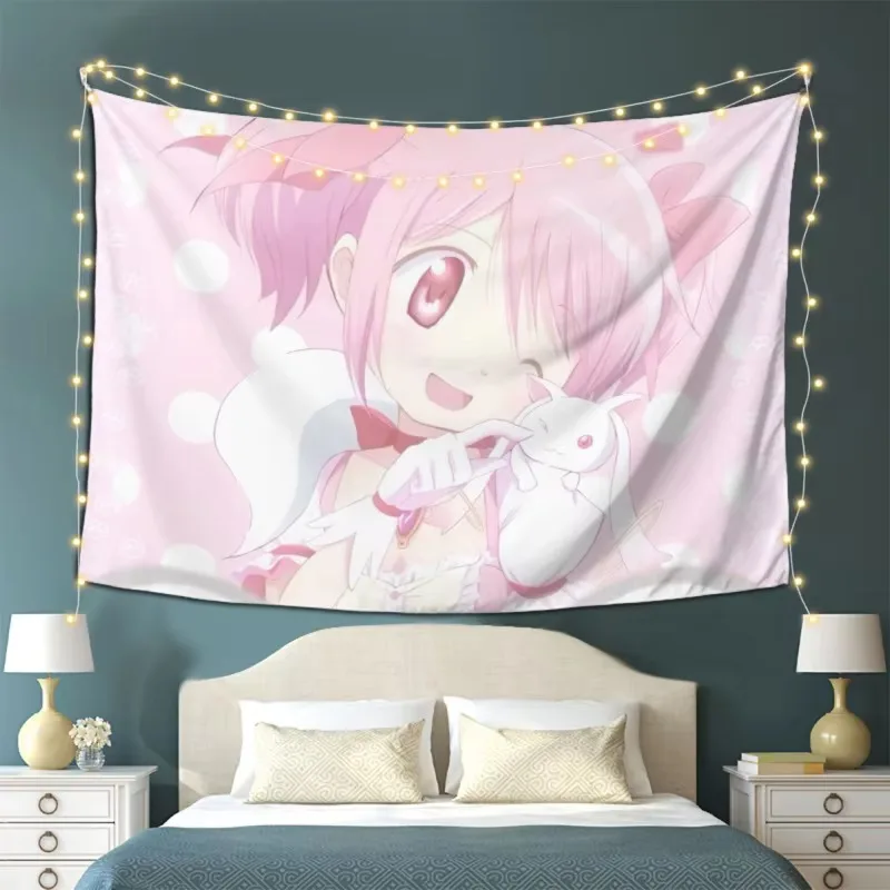 Madoka Magica Kawaii Tapestry, Madoka Kaname Kyubey Pink Polka Dot Wall Hanging for Bedroom Living Room Dorm Decor Gift