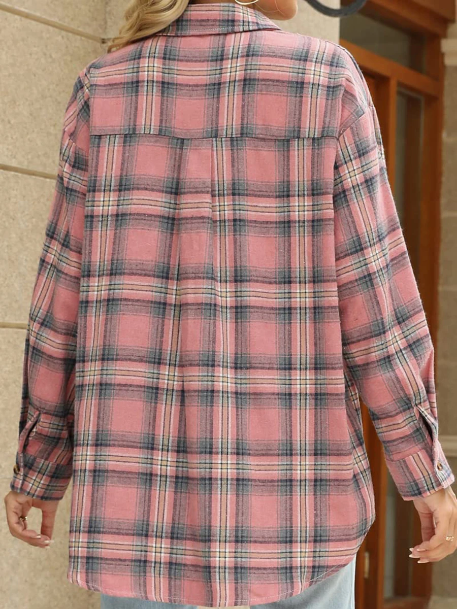 Damen Karohemd Langarm mit Umlegekragen Lässige Lose Vintage Karierte Blusen Frühling Herbst Koreanische Mode Oberteile Mantel – Detail 6