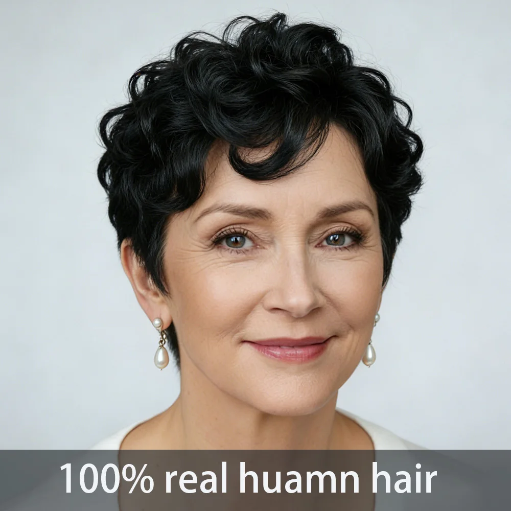 

1B # Парик из натуральных волос с стрижкой пикси для женщин, 6 дюймов, многослойный, короткий, свободный, вьющийся, с челкой, плотность 180%, бразильские волосы Remy, шапочка машинного производства