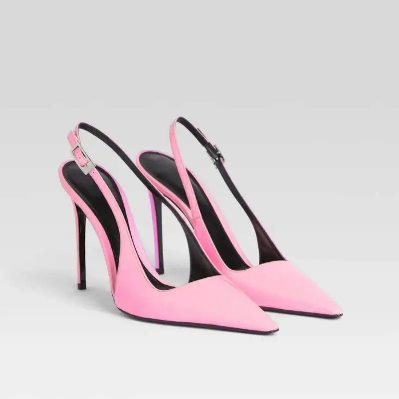 New Fashion Single Shoes Pointed Pink Patent Leather Buckle Stiletto Women's Shoes Large Size Shallow Mouth Single Shoes