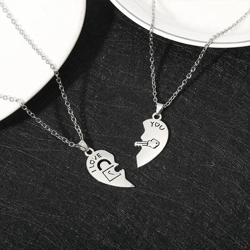 Lock Key 2pcs Couple Heart Puzzle I Love You Pendant Couple Necklace Pendants Necklaces for Lovers Valentine's Day Jewelry Gifts