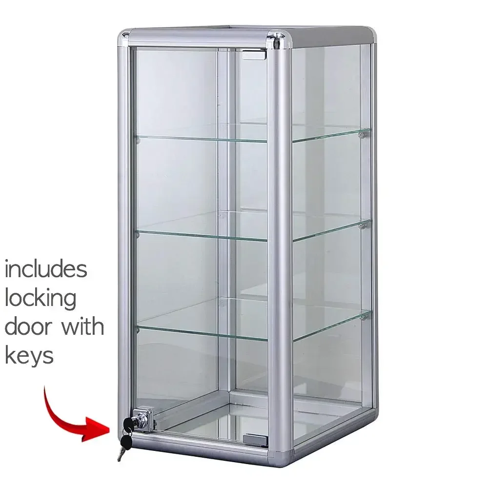 Silver Showcase Elegant Silver Anodized Aluminum Vertical Display Case Table Top Tempered Glass Show Case.