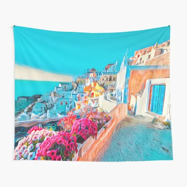 Santorini Tapestry Wall Hanging Beautiful Town Santorini Island Landmark Nature Europe Tapestry for Bedroom Living Room Dorm