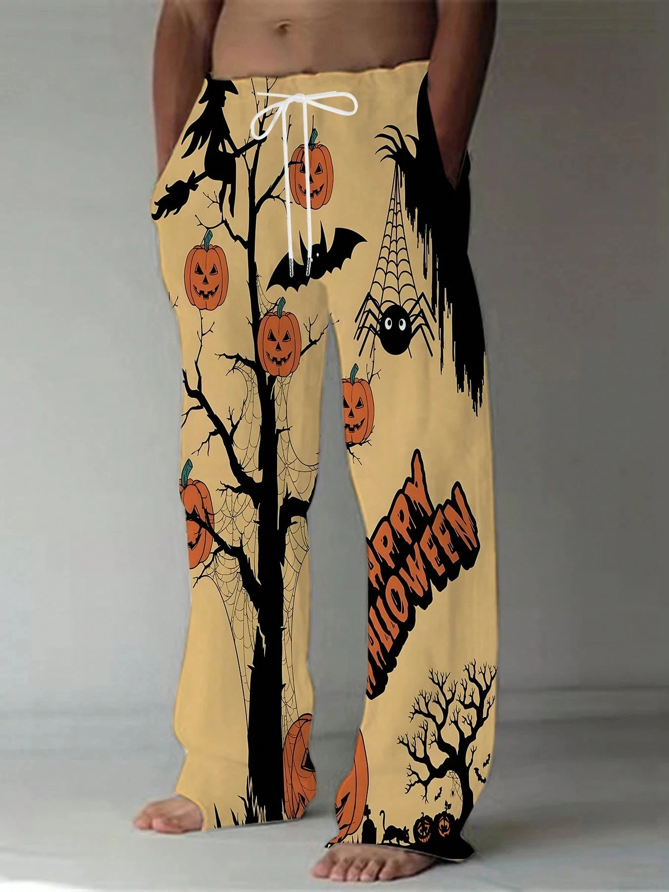 Halloween Cartoon Black Cat Yellow Tie Full Print Men's Pants Trend Plus Size Elastic Home and Outdoor Pants