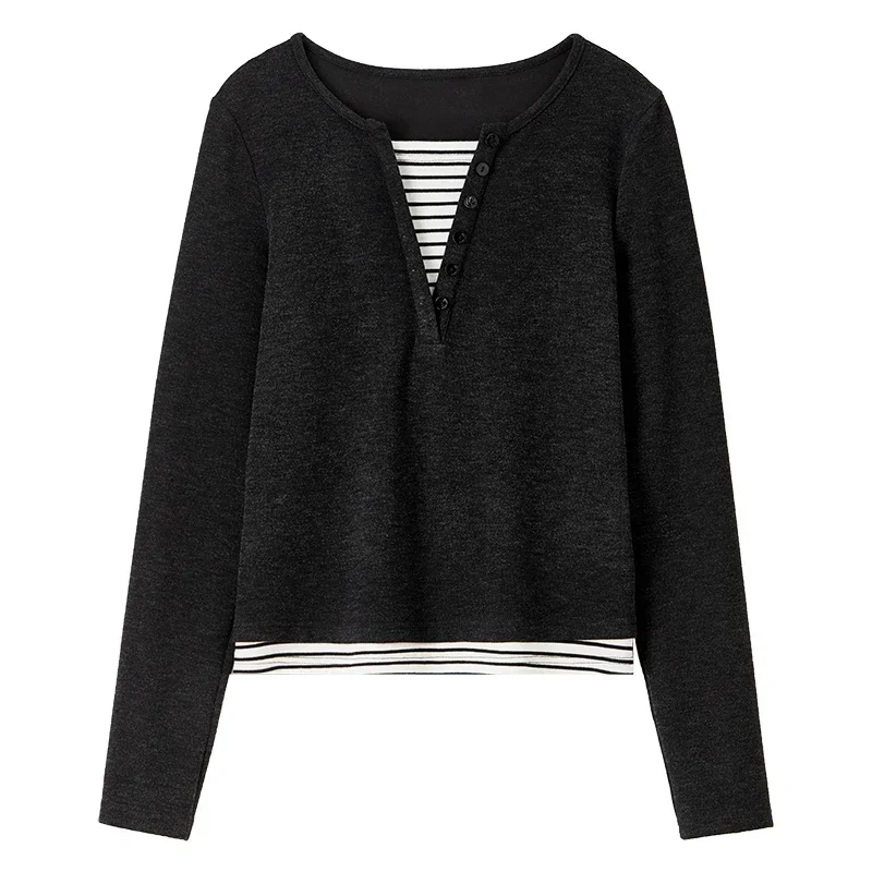 SENTUBILA coupe ajustée rayé T-shirt femmes 2025 automne Patchwork 2 en 1 haut col rond à manches longues Simple femmes t-shirts 143T56388