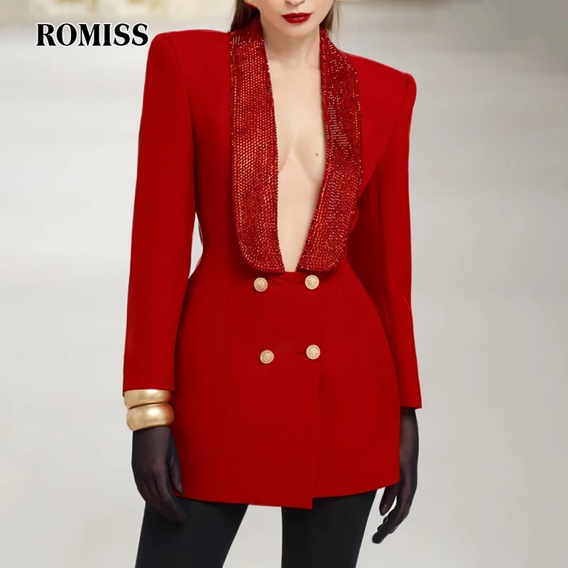 

ROMISS solid color V -neck linked drilling drill opening women's placket long -sleeved stitching suit jacket women's models