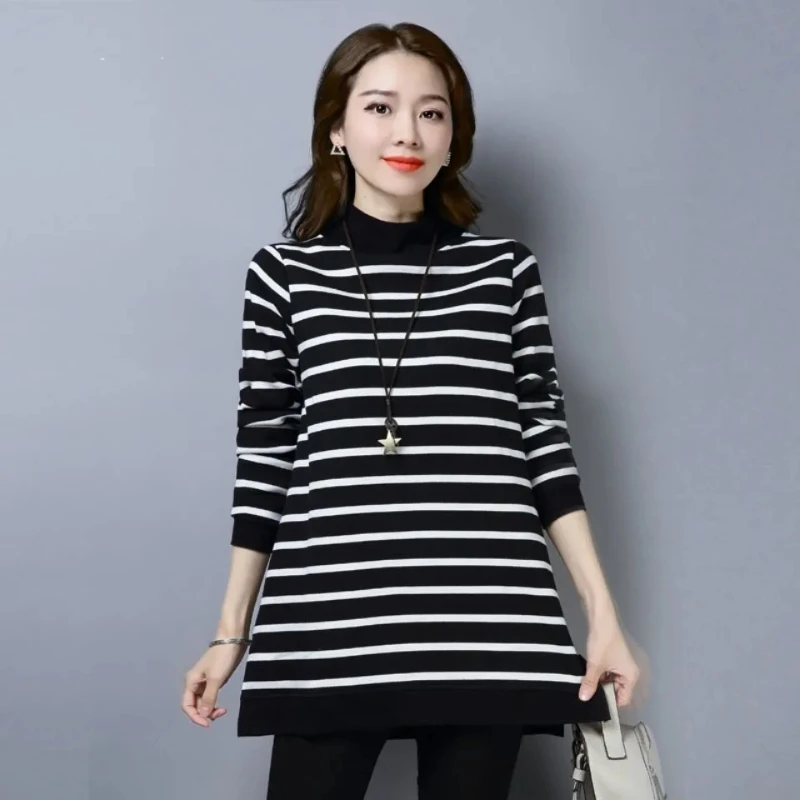

Полосатый пуловер с воротником-стойкой для женщин, длинная длина, повседневная офисная одежда, свободный крой, осенне-зимний стиль