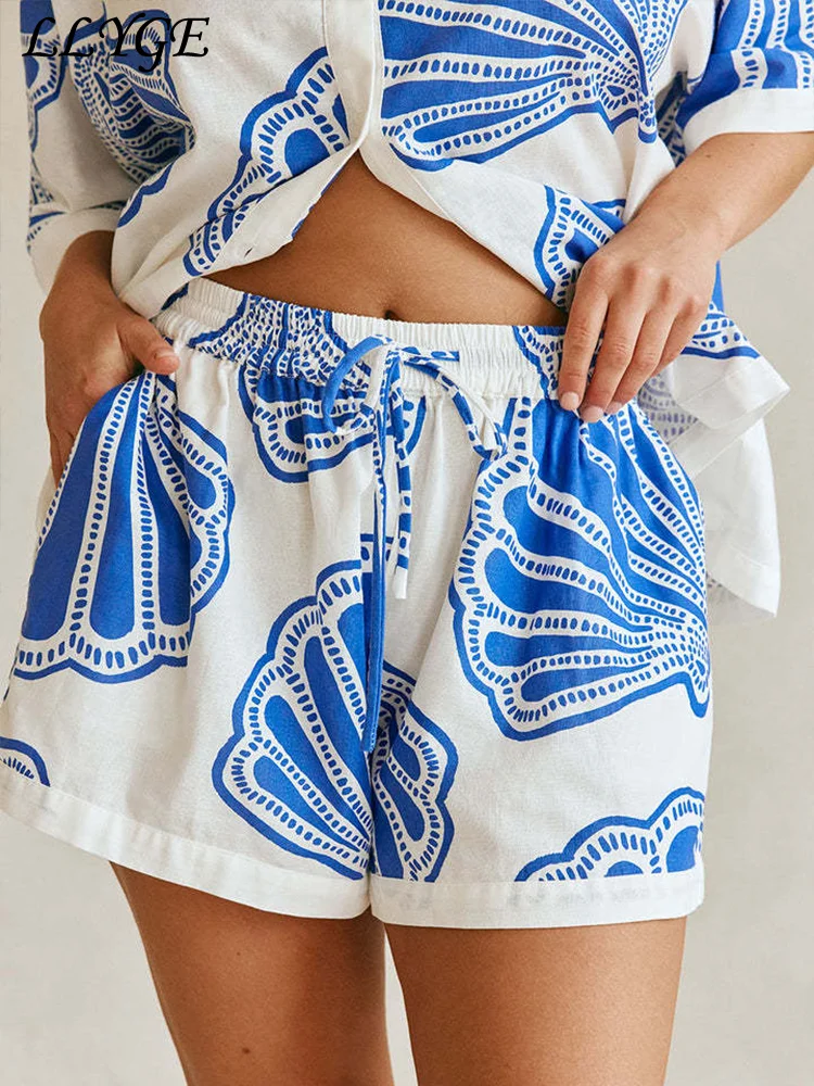 Casual Printed Lace Up Women Shorts Suits Turn-down Collar Single Breasted Shirt Mini Shorts 2025 Summer New Fashion Lady Sets