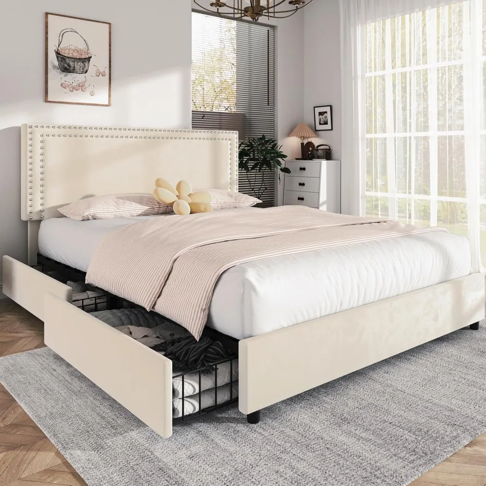 

King Size Upholstered Bed Frame with 4 Storage Drawers, Adjustable Velvet Rivet Decor Headboard, Bed Frame