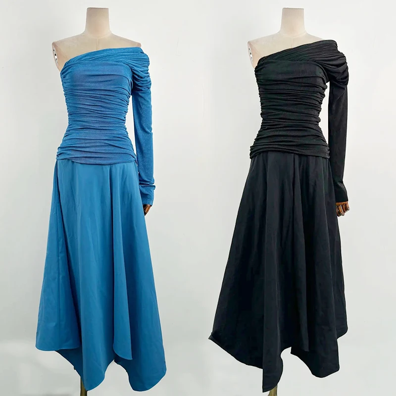 Abito lungo aderente a maniche lunghe monospalla da donna con collo drappeggiato e smock a strati Abiti per invitati a un matrimonio Abiti per le vacanze
