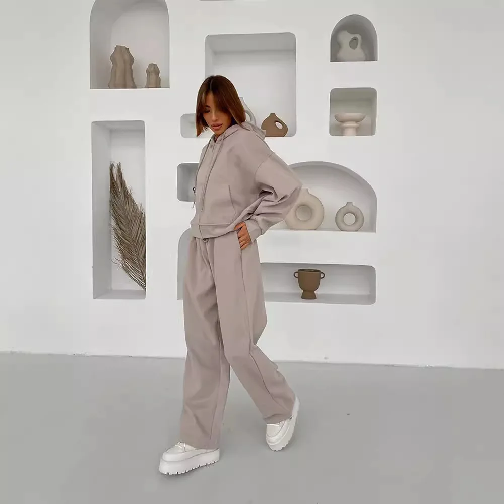 

Faionable Spor Открытый кардиган с капюшоном Long Sve Zipper Комплект из двух предметов Широкие брюки Повседневная одежда для женщин в их 20-х годов An...