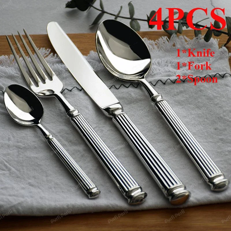 

4PCS Cutlery Tableware Stainless Steel Kitchen Cookware Elegant Dinnerware Vintage Knife Spoon Fork Set Roman European Dinner