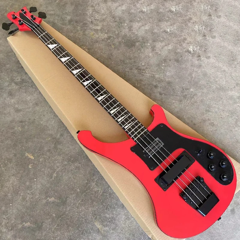 4003 Electric Bass Guitar Red Color, Black Hardware & Pickguard, Flat Body, Small Triangle Inlays, 4 String Bass