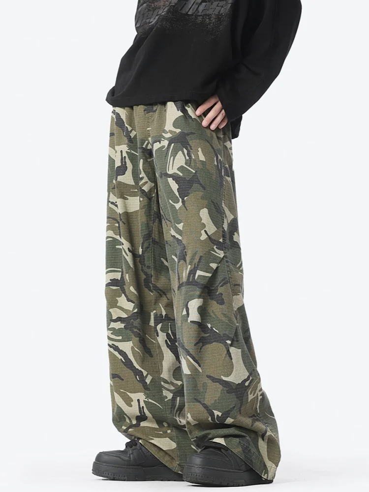 

Camouflage Work Pants Men's Spring Autumn Loose Straight Leg Wide Leg Pants American High Street Vibe Trousers Floor-Length P...