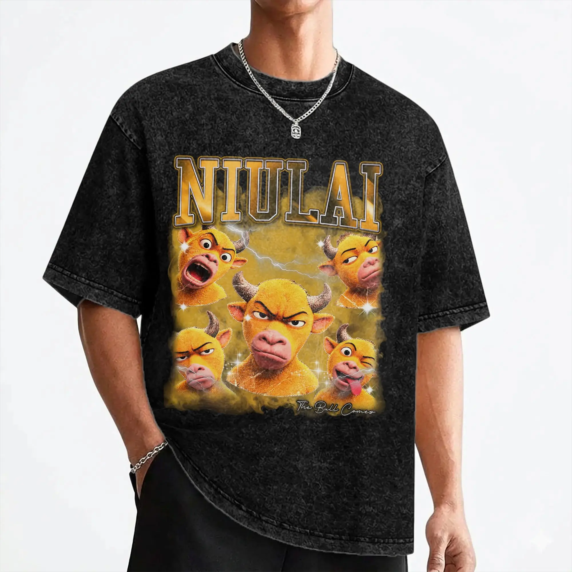 Niu Lai Funny Bull Meme T Shirts Washed Short Sleeve Oversize T-Shirts  Vintage Men Women Streetwear Summer Tee Shirt