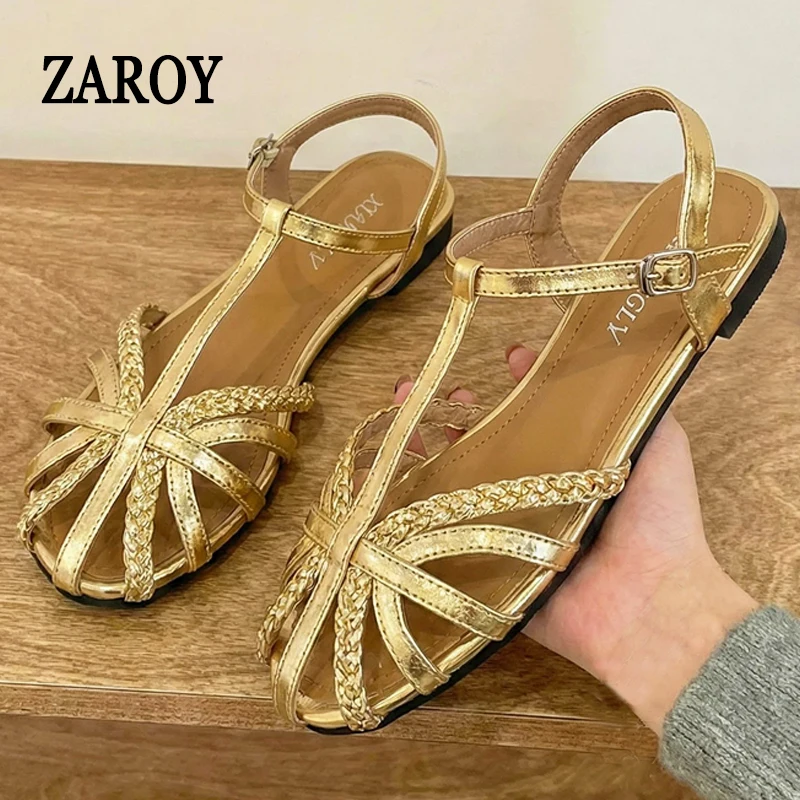

Женские летние сандалии с Т-образным ремешком, плетеные, с узким ремешком, больших размеров, дизайнерские, для банкетов, свадеб, повседневные, пляжные, римские сандалии