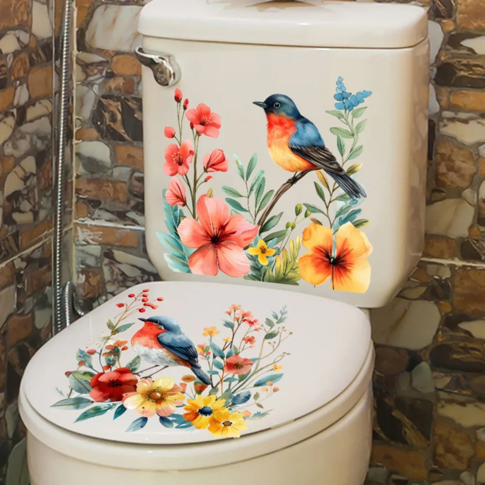1Pc Removable Bird & Floral Toilet Sticker Waterproof Vinyl Decal Easy Stick Peel DIY Bathroom Tank Wall Decor Accessories