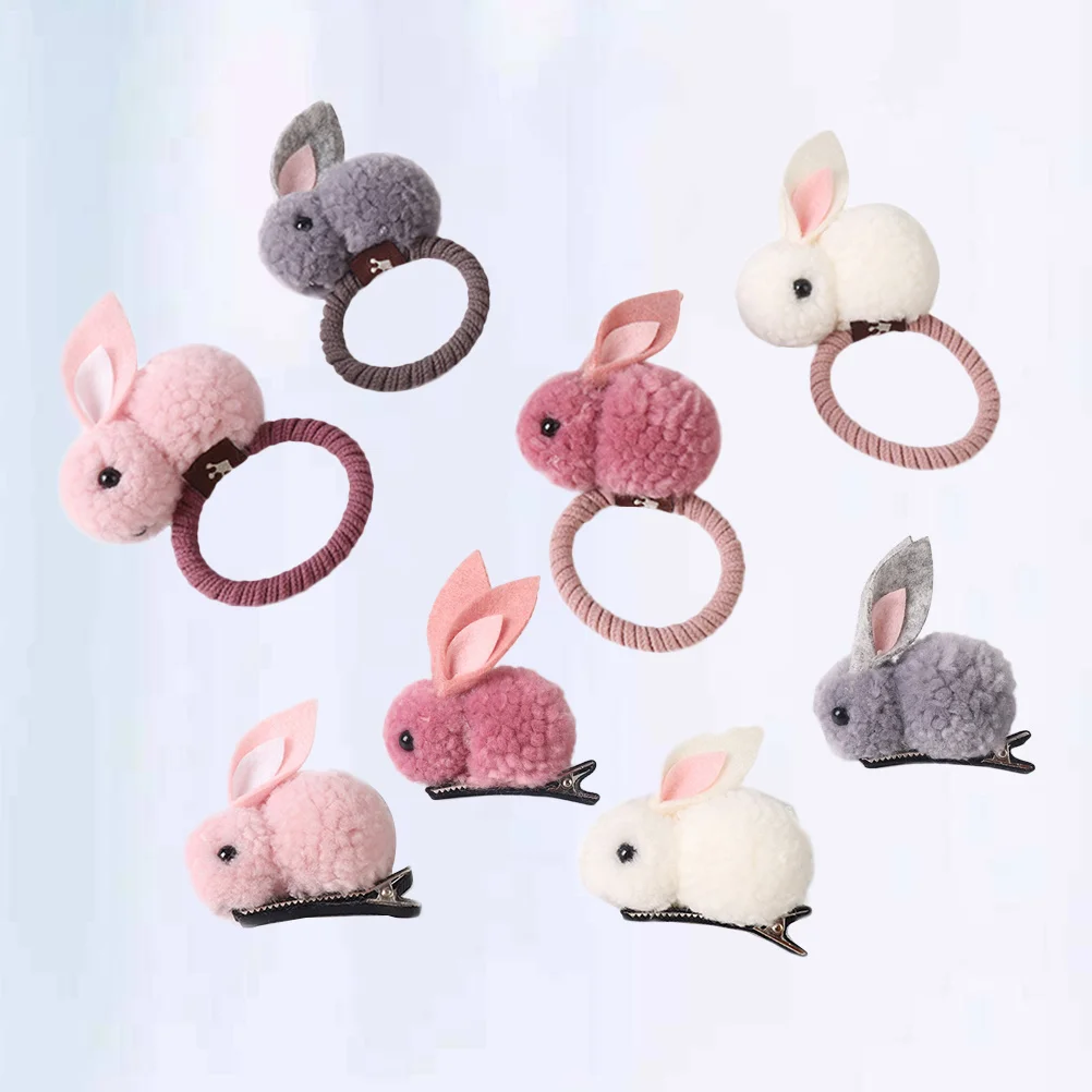 

8Pcs Kids Cartoon Rabbit Hair Ties Hairpins Ponytail Holders Stretch Hair Rope Barrettes Accessories for Girls Stylish Gift