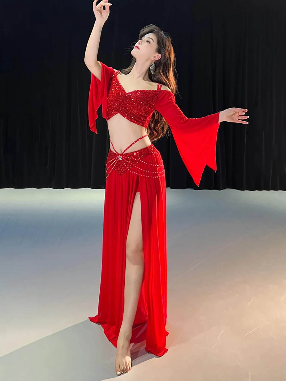 Conjunto de traje de dança do ventre, roupa superior e saia com lantejoulas, malha de primavera para mulheres adultas, performance de palco, roupas