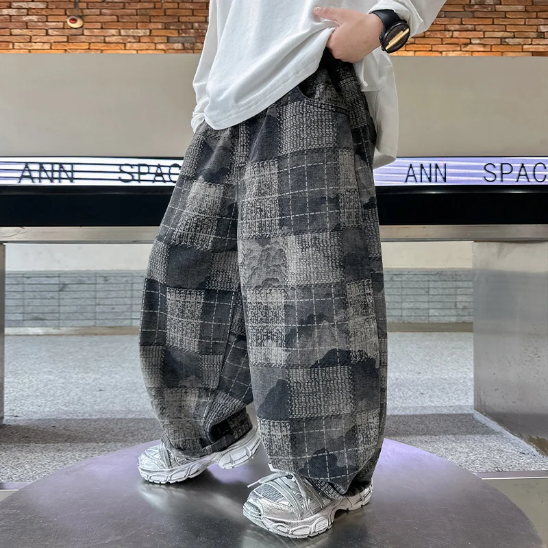 Spring Autumn Style Children Casual Plaid Cargo Pants For Tweens Boy New Design Cotton Baggy Trousers Kids Sports Trackpants