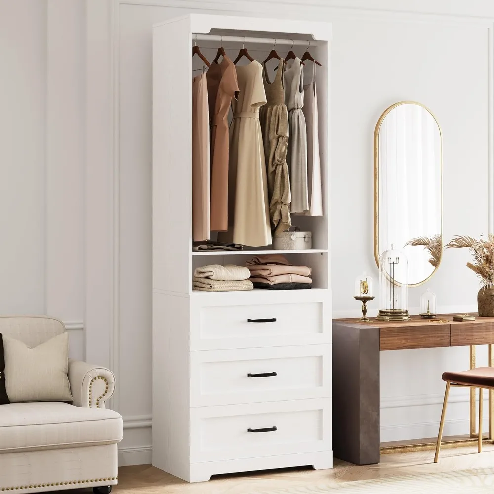 

freestanding closet system with 3 wood drawers, modern armoire wardrobe with adjustable shelves & hanging rod, walk-in closet s