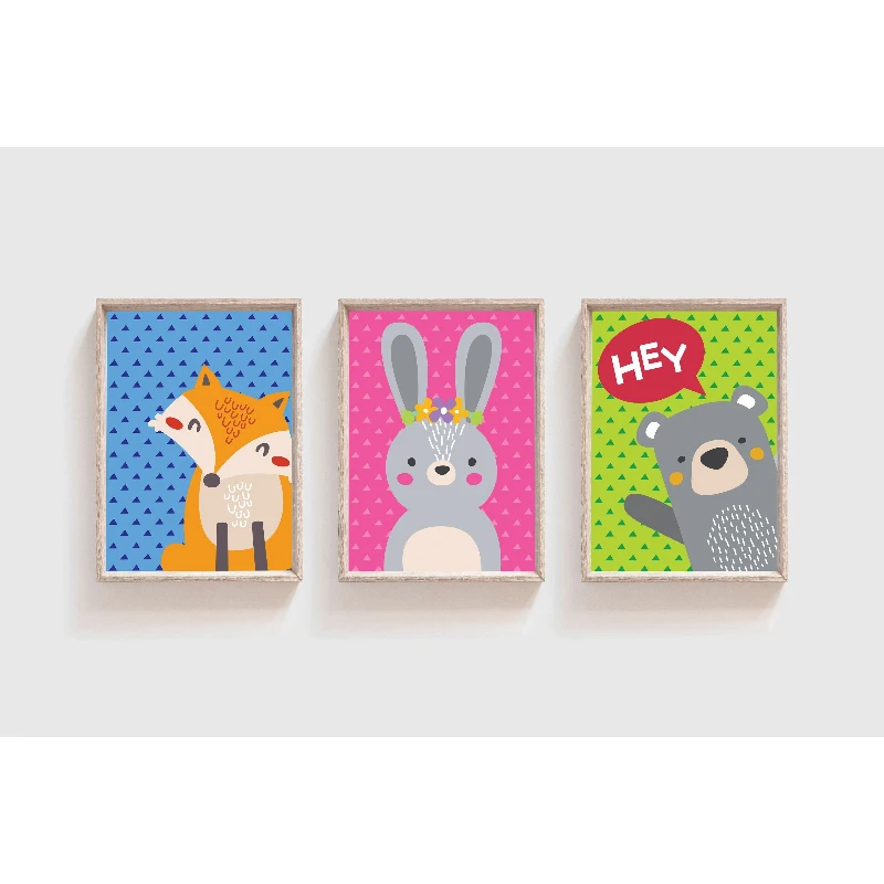 3PCS  Frameless,3pcs Cute Animal Greeting Frameless Decorative Art Rabbit, Fox, and Bear Canvas Posters Perfect for Children's R