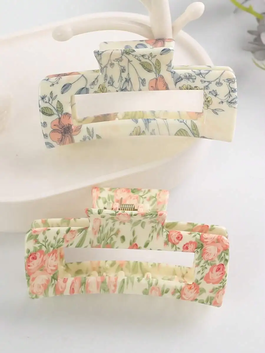 

2pcs Floral Print Hair Claw Clips For Women Boho Casual Daily Use