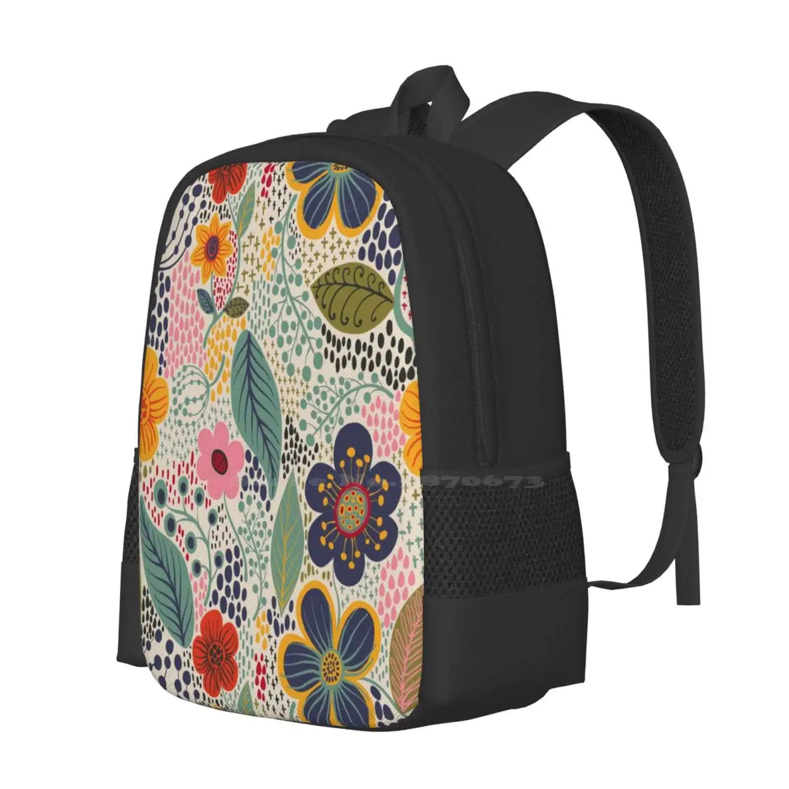 Secret Garden Large Capacity School Backpack Laptop Bags Floral Flower Surface Pattern Navy Blue Yellow Secret Garden Flourishes