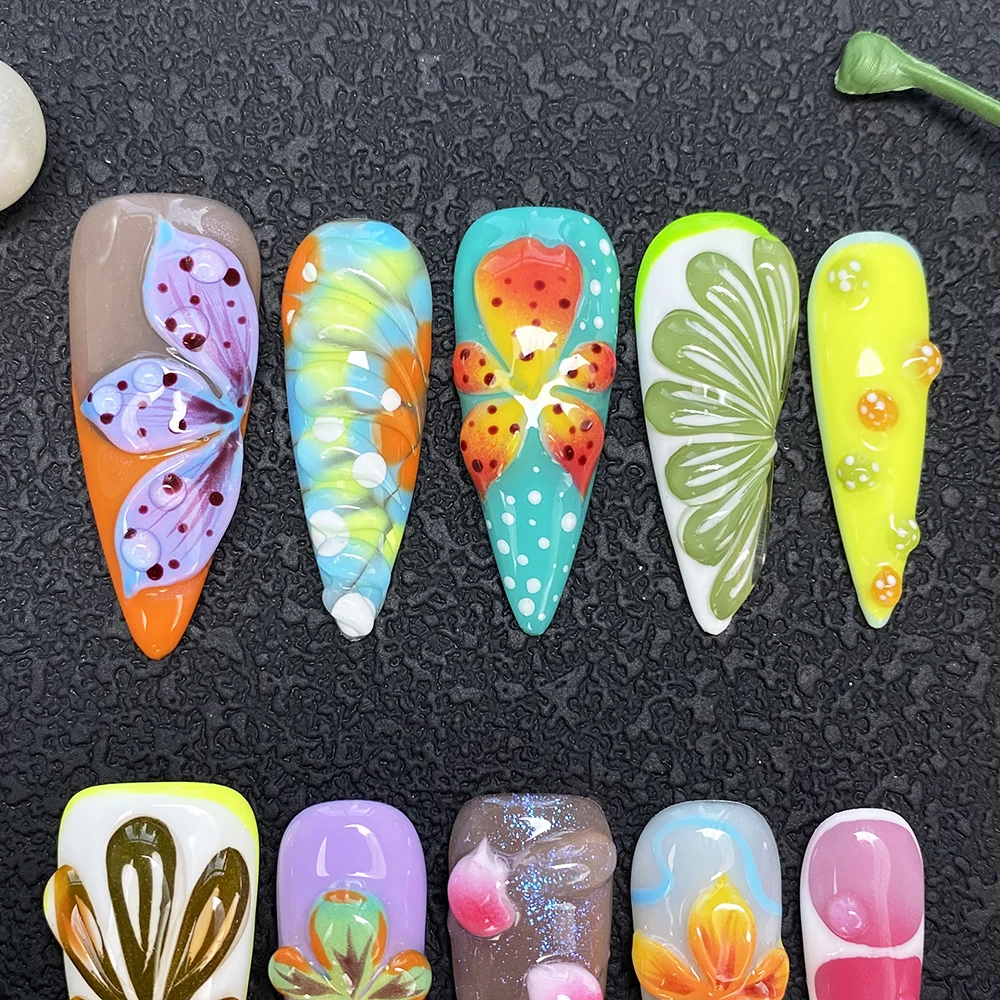 

Набор глянцевых накладных ногтей с УФ-гель-лаком салонного качества, ручная роспись, 10 шт., Y2K INS, с резными цветами, ручная работа, для маникюра