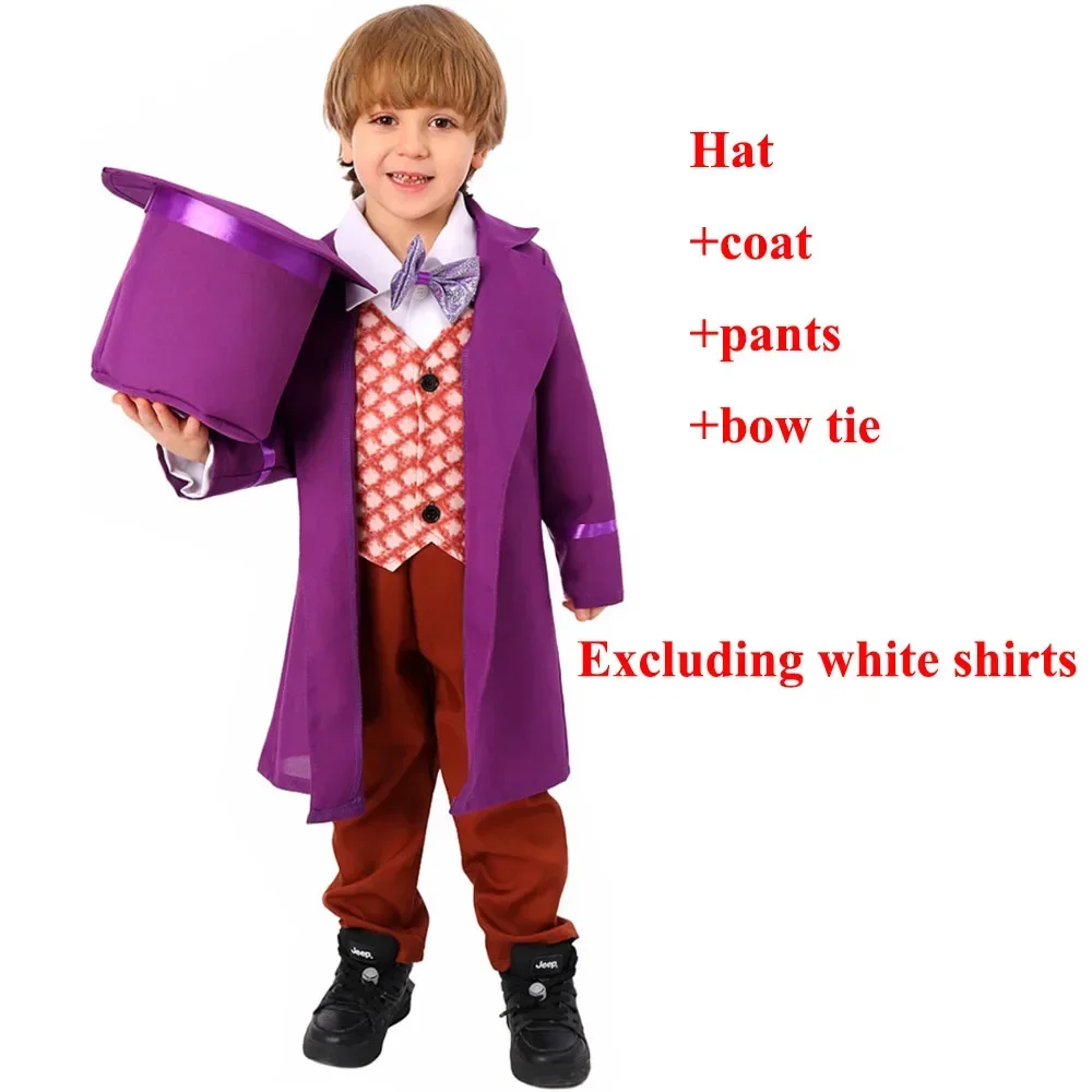 Filme fábrica de chocolate willy cosplay traje crianças casaco roxo calças chapéu gravata borboleta conjunto completo willy crianças terno festa de halloween