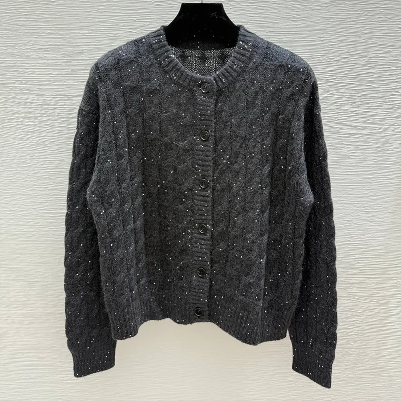 

High-quality women's spiral-pattern cardigan with round neck, single button closure, small sequin, warm and cozy sweater25916181