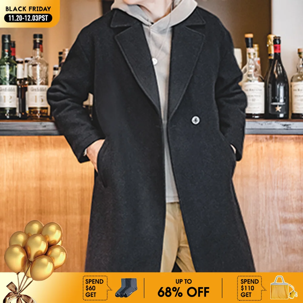 

Maden Men's Vintage Heavyweight Black Woolen Overcoat Fall and Winter Season Thickened Loose Medium-length Versatile Coat
