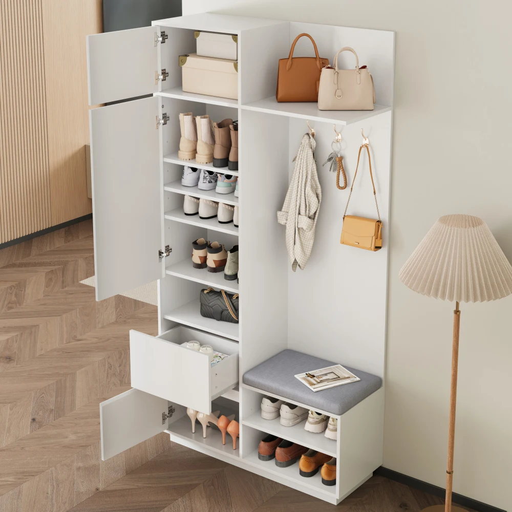 PINGGO Kompaktes Garderobenset mit Spiegel und Sitzbank, Flur-Aufbewahrungssystem mit Schuhregal und Kleiderhaken, Schlafzimmer-Möbelsystem – Detail 7