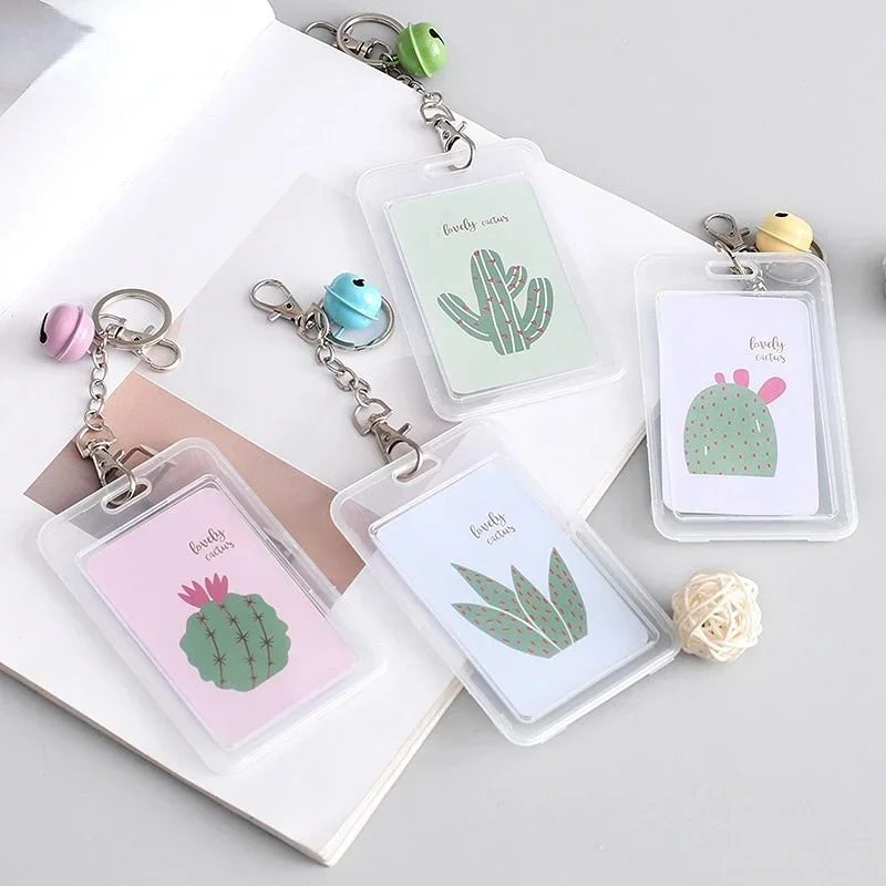 Cute Cartoon Card Cover Fashion Card Bag Bank Credit Card Holder Plastic Student ID Bus Card Pass Holder with Keyring Chain