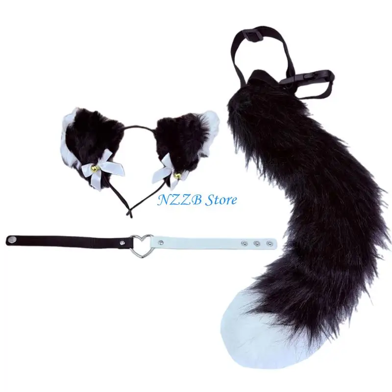 

T21F Animal Cosplay Costume Cats Ear Foxes Tail Plush Fuzzy Animal Ear Hairhoop Foxes Tail Halloween Dressing Up Party Props