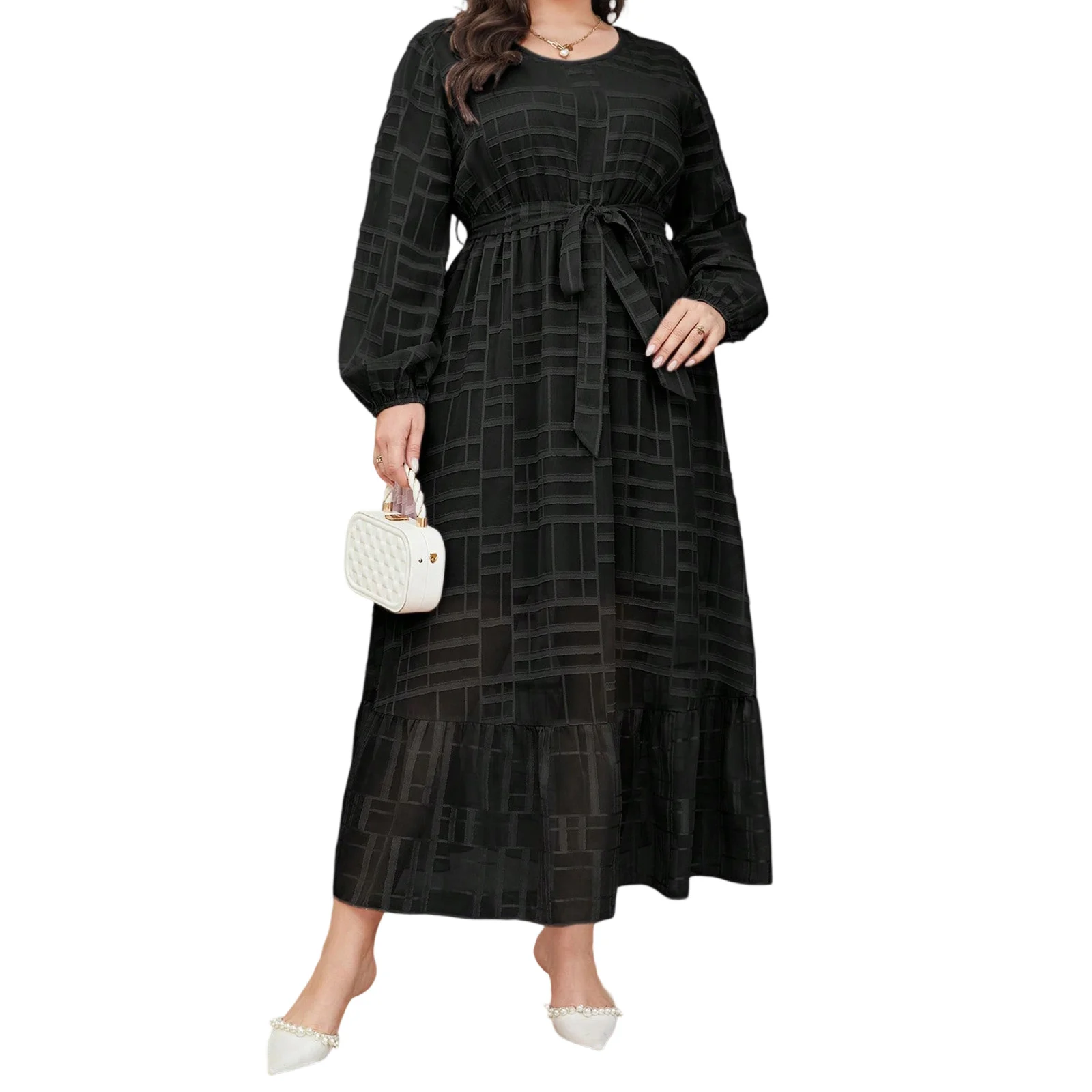 

Women's Plus Size Long Dress Fashion Print Round Neck Long Sleeve A-Line Dress with Belt for Daily Party Travel