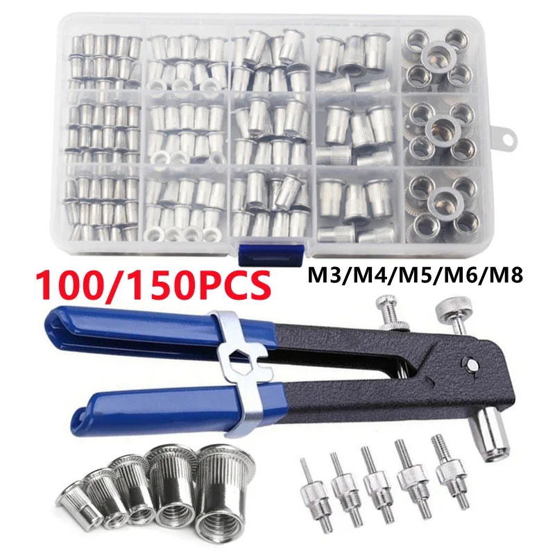 100/150PCS Stainless Steel Rivet Nuts Kit M3 M4 M5 M6 M8 and 1PCS Rivet Nut Gun Mandrels Repair Tool Rivet Gun Flathead Screw 