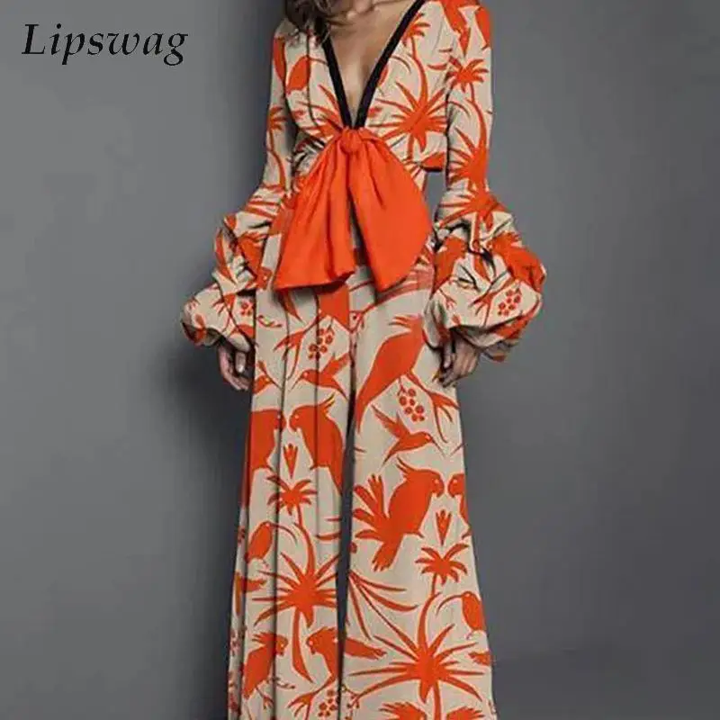 Mono elegante con mangas abullonadas para mujer, pelele Sexy con escote en V profundo y lazo, mono holgado con estampado de moda para ir al trabajo,