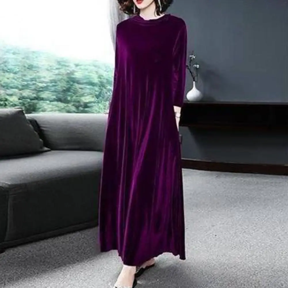 Dressing Up Comfortable Pleated Swing Large Hem Pure Color Velvet Dress for Shopping