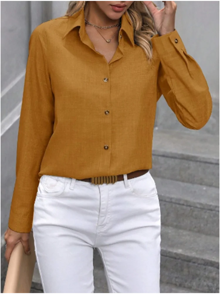 Women's Flip Collar Solid Color Long Sleeved Casual Button Up Shirt Daily Office Fashion Versatile Urban Style Autumn Top