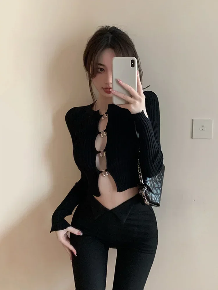 Knitted Sexy Long Sleeved Black Ice Silk Long sleeve Knit Women Autumn New Slim fit Inner wear Gyaru Sexy Hollow Short Top