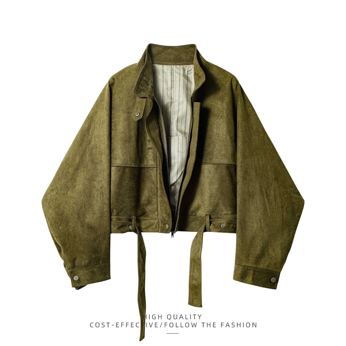 

Американская ретро-куртка из замши цвета тундровой зелени для женщин, весна 2026, новая рабочая одежда, укороченный фасон, воротник-стойка, кардиган-топ