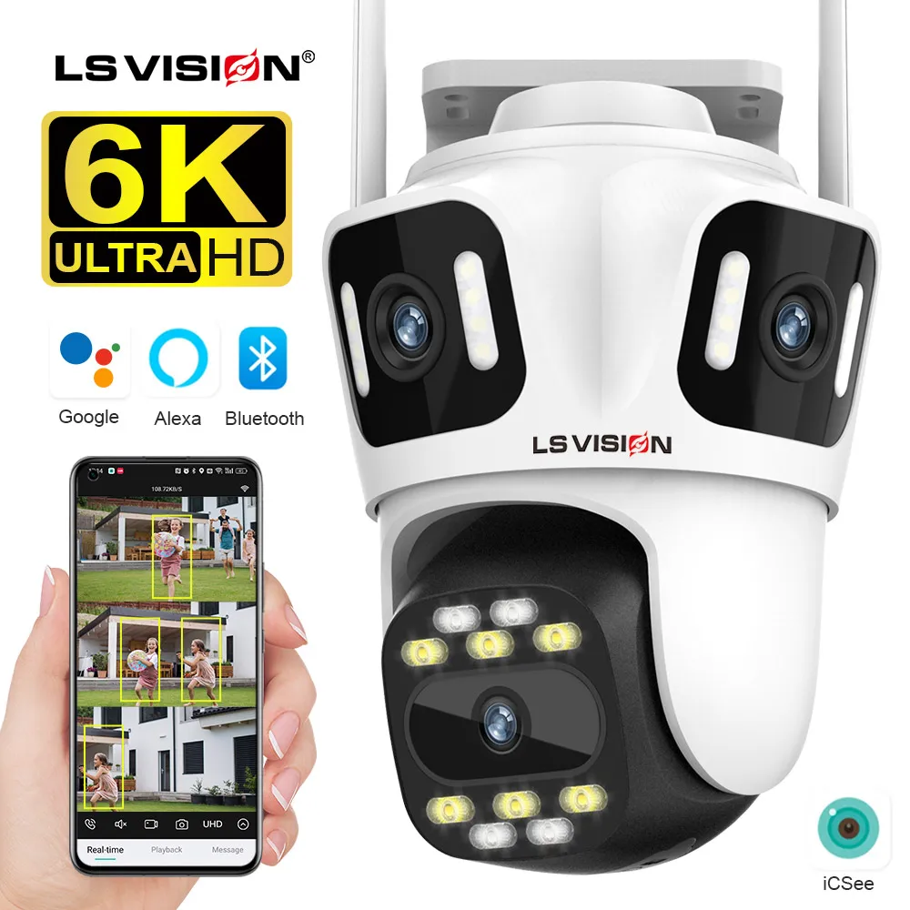 

LS VISION 12MP Three Screens WiFi Security Camera Outdoor 6K PTZ Three Lens Human Auto Tracking Linkage CCTV Cameras iCSee App