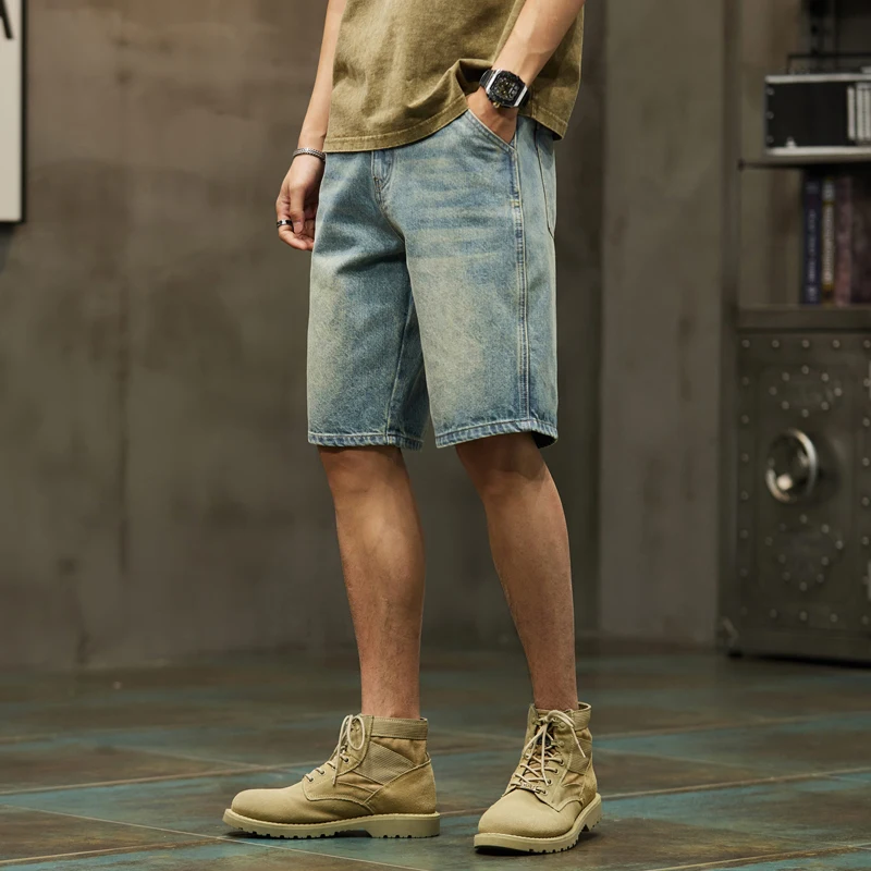 Men Short Jeans 2024 Summer Denim Shorts Retro Blue Straight Cut Large Size Oversized Men's Shorts Vintage Knee Length Pants