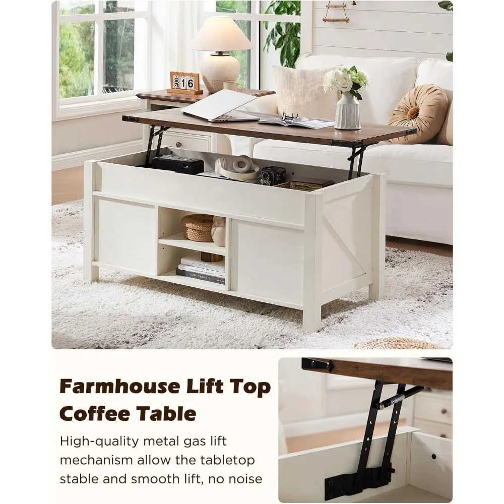 Farmhouse Lift Coffee Table com armazenamento escondido compartimento, prateleiras ajustáveis para sala de estar, escritório