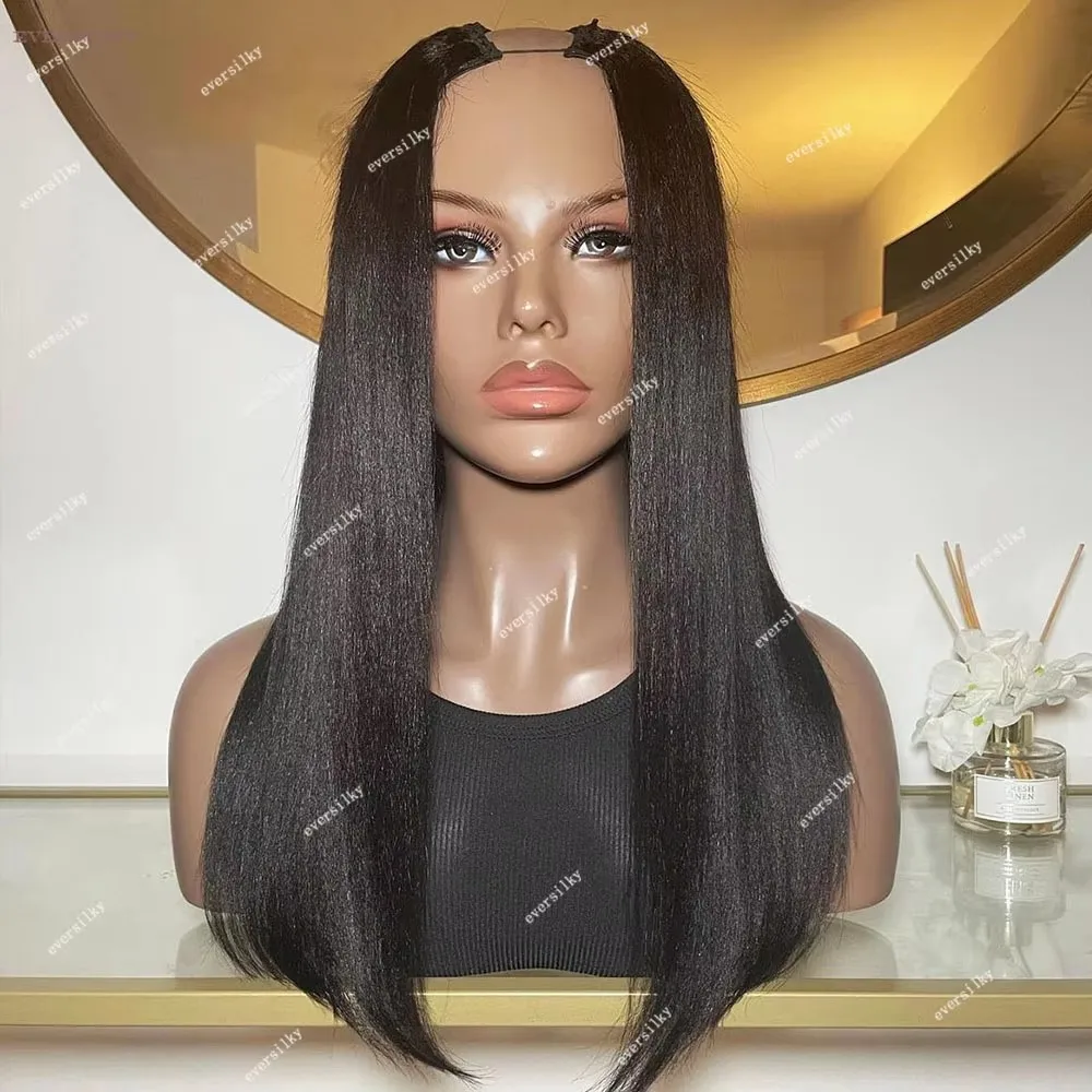 

Black Or Dark Brown Light Yaki Straight V Part Wigs Unprocessed 100% Human Hair Wig U Shape High Density Kinky Straight Full End
