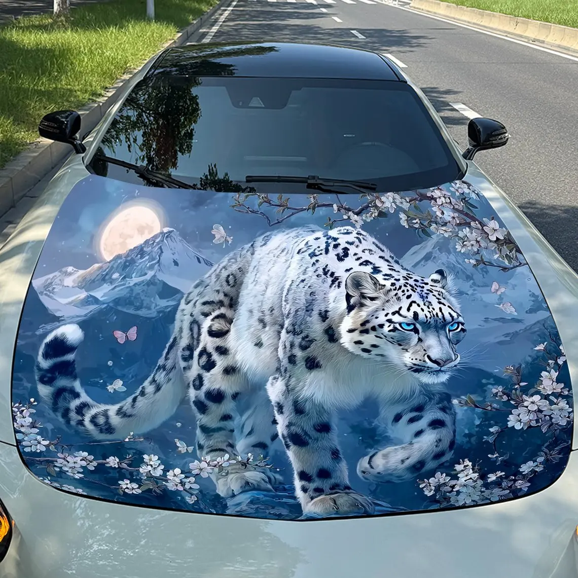 

Cherry Blossom Snow Leopard Car Hood Decal - Cool Patterns Design, Self-Adhesive PVC Sticker For Cars, Motorcycles, And Trucks,