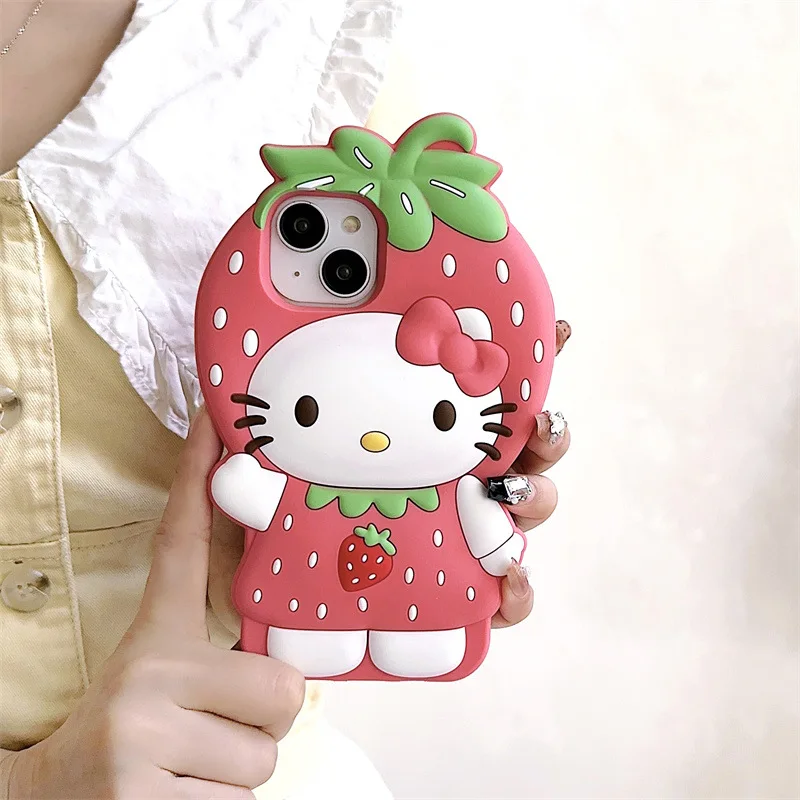 3D Cute Cartoon Strawberry Hello Kitty Phone Case For iPhone 16 15 14 Plus 13 12 Pro Max Soft Silicone Shockproof Cover Fundas