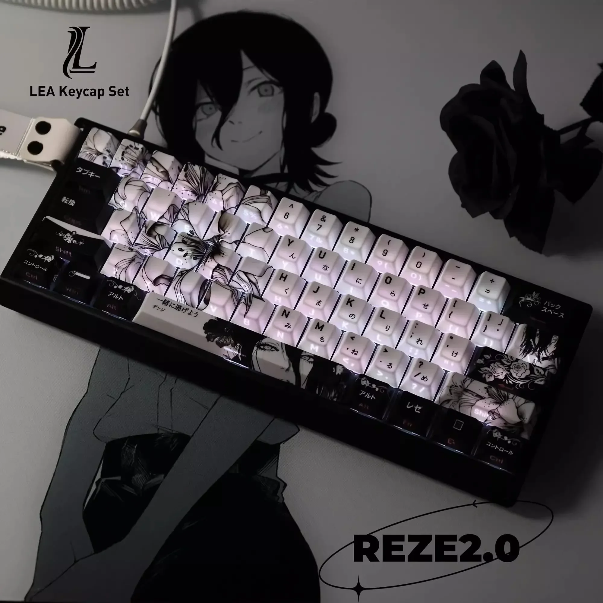 REZE أبيض أسود أنيمي موضوع كيكابس الكرز الشخصي مخصص PBT صبغ التسامي ل Mad 60he Aula Win60 Wooting60 لوحة المفاتيح