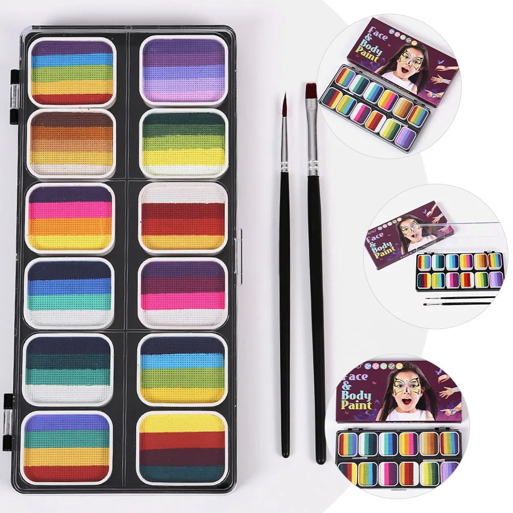 

12 Colors Washable Face Paints Body Art Kit 3012 H-12 Grid Matte Shimmer Mixed Set 2 Brushes Kids Adults DIY Teaching Festivals